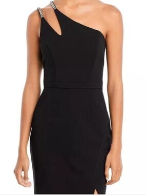 💜 NWT Aqua Formal | Bloomingdale’s One Shoulder Rhinestone Black Dress (16)